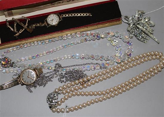 A 9ct gold-cased Accurist wristwatch, a Majex watch, Swarovski crystal bead necklace and sundry silver and costume jewellery